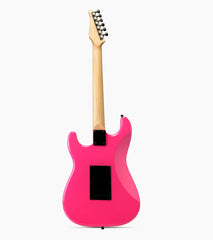 back of Pink double-cutaway beginner electric guitar