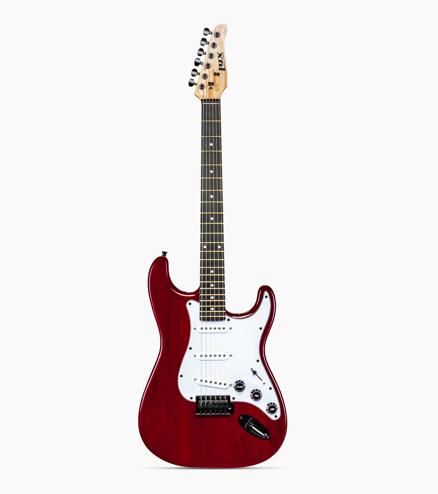 Red double-cutaway beginner electric guitar