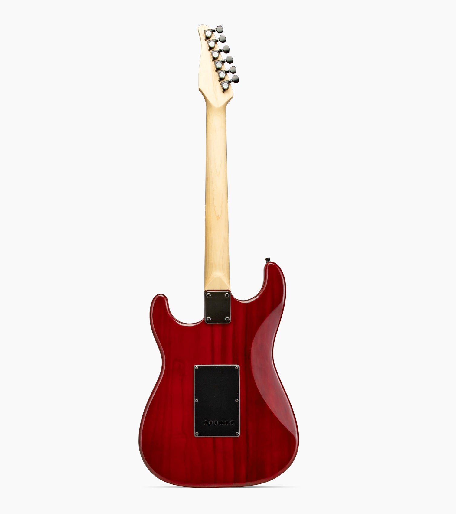 back of Red double-cutaway beginner electric guitar