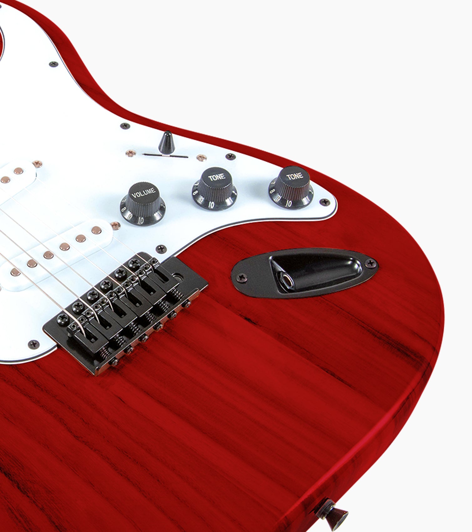 close-up of Red double-cutaway beginner electric guitar