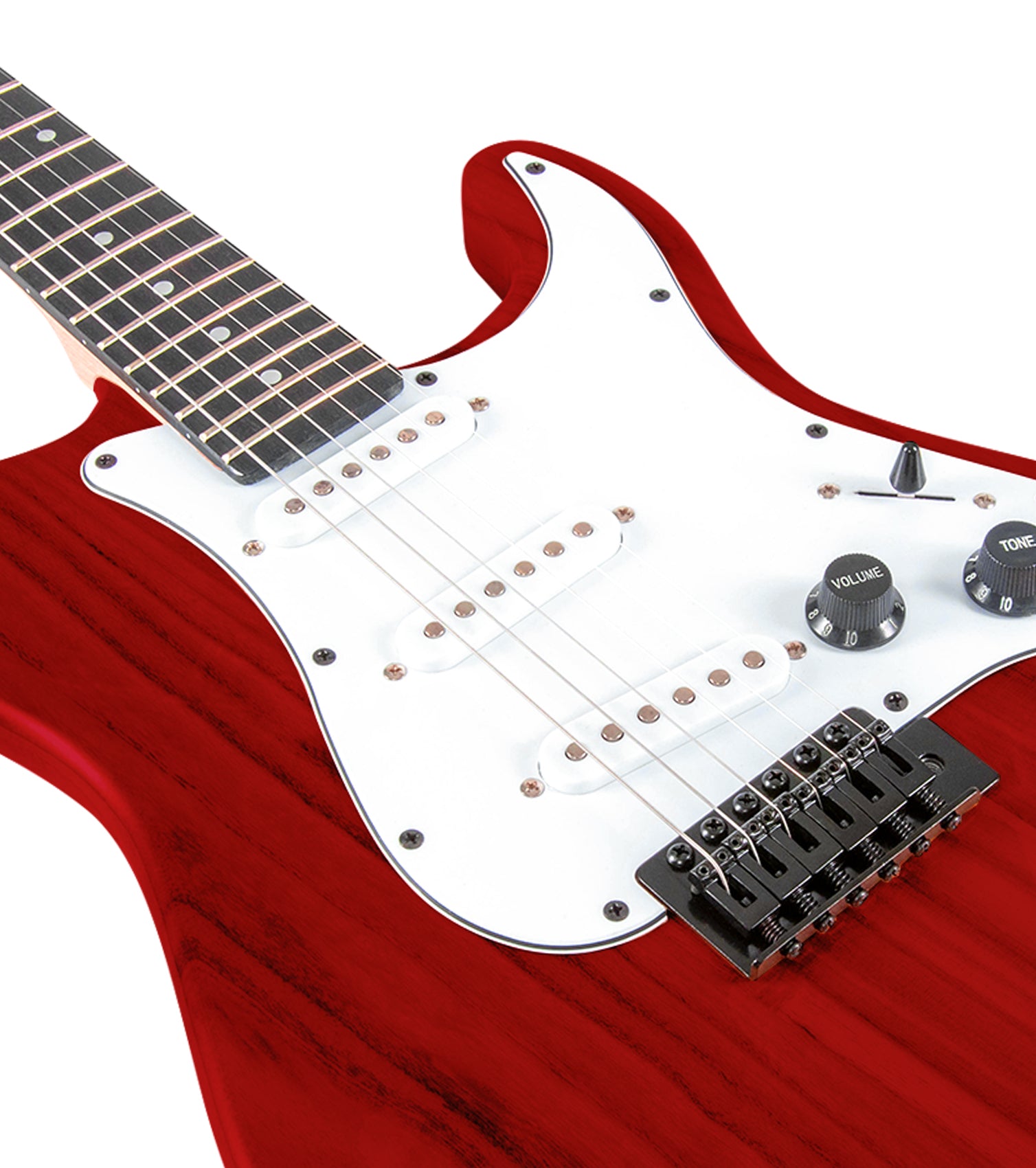 close-up of Red double-cutaway beginner electric guitar