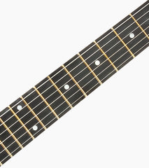 close-up of Sunbrust double-cutaway beginner electric guitar fretboard