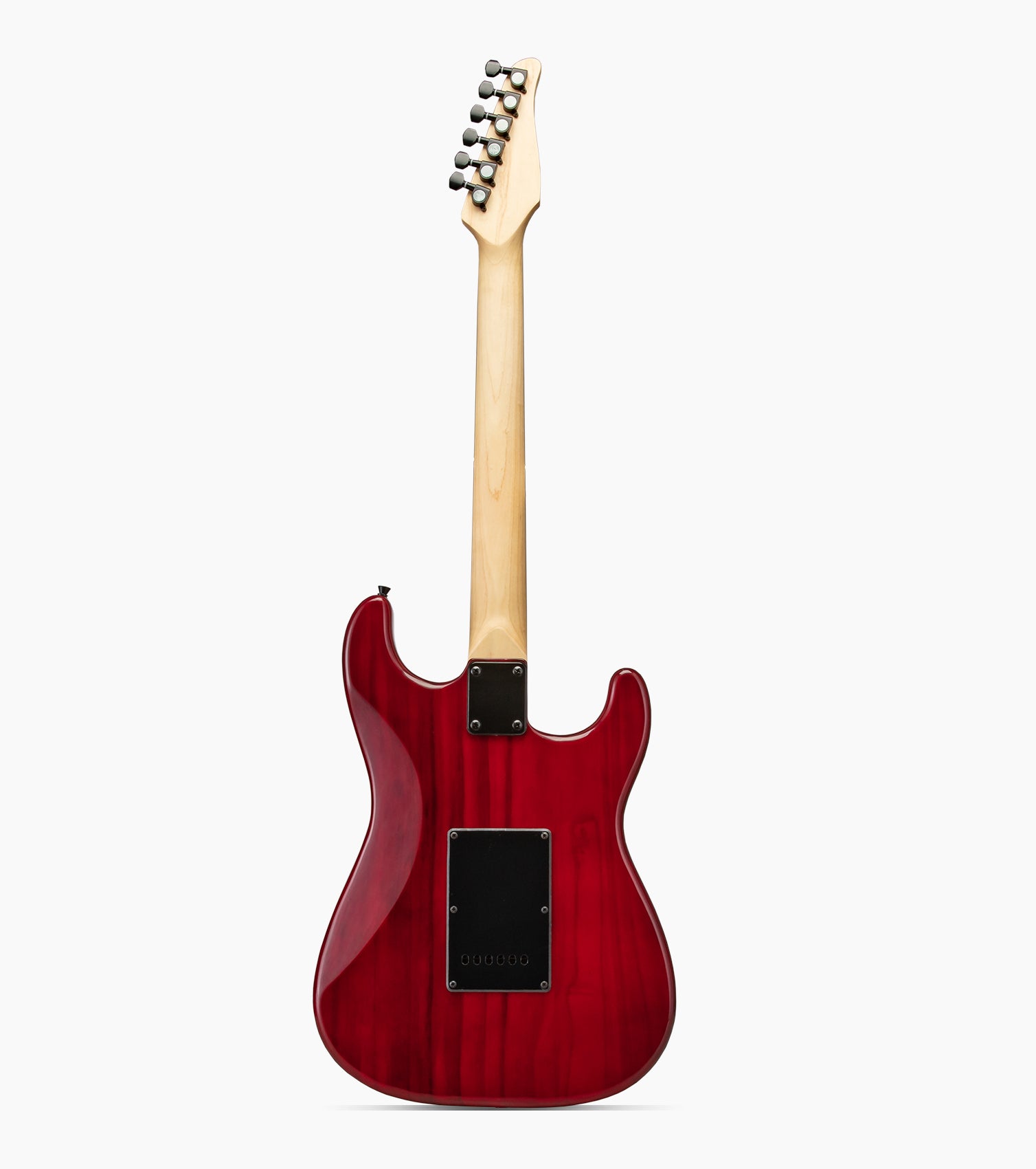back of Left Handed Red double-cutaway beginner electric guitar