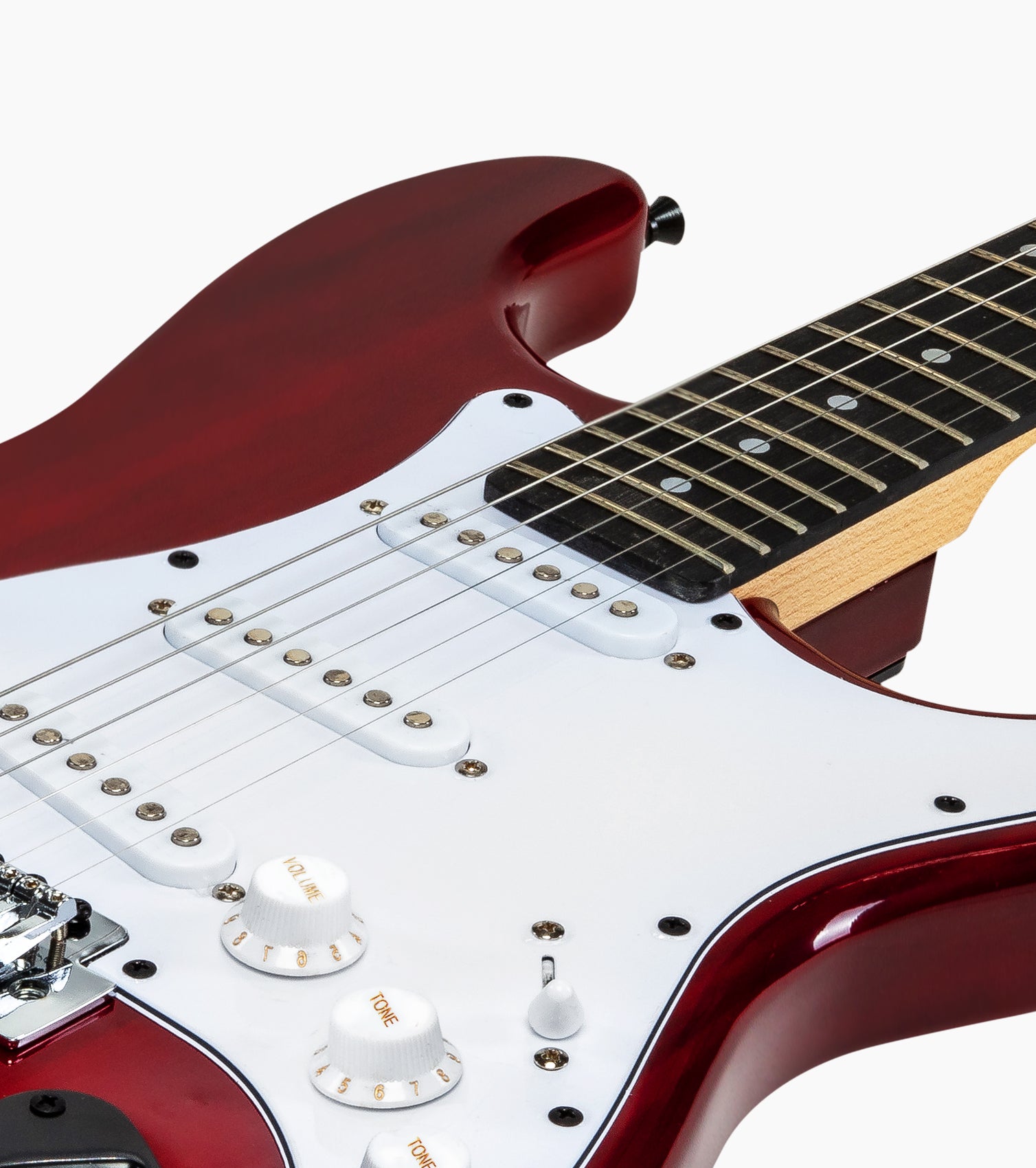 close-up of Sunbrust double-cutaway beginner electric guitar