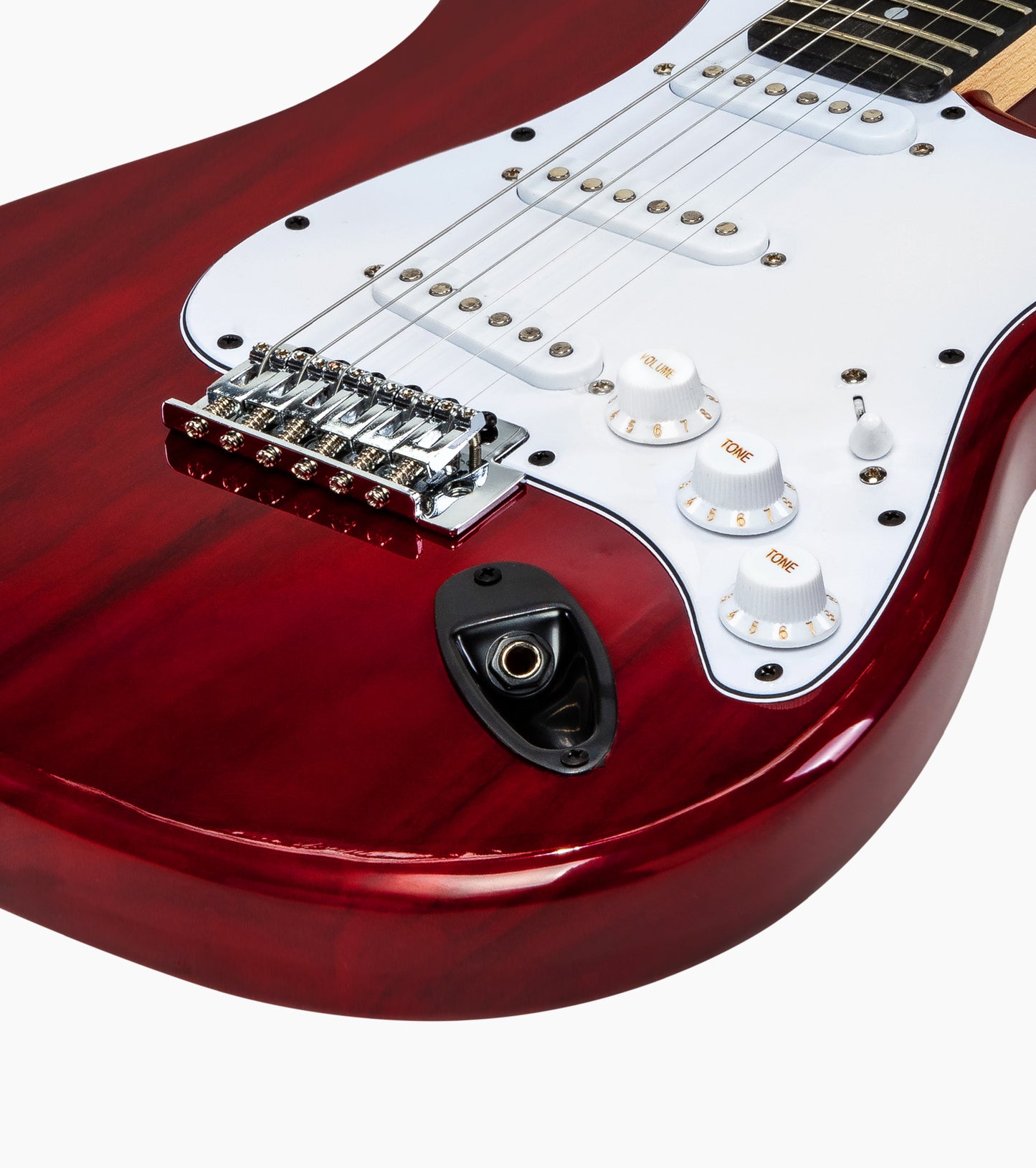 close-up of Sunbrust double-cutaway beginner electric guitar