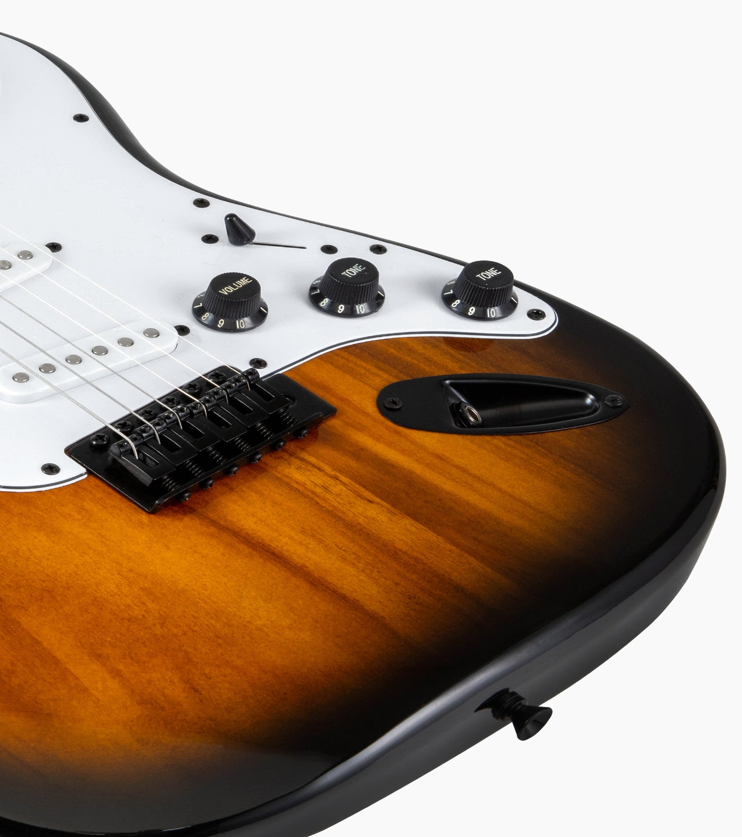 close-up of Sunbrust double-cutaway beginner electric guitar