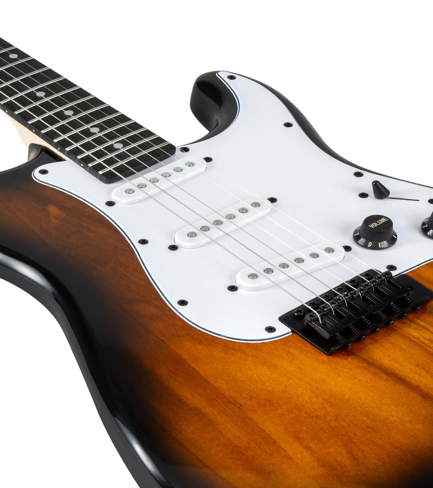 close-up of Sunbrust double-cutaway beginner electric guitar