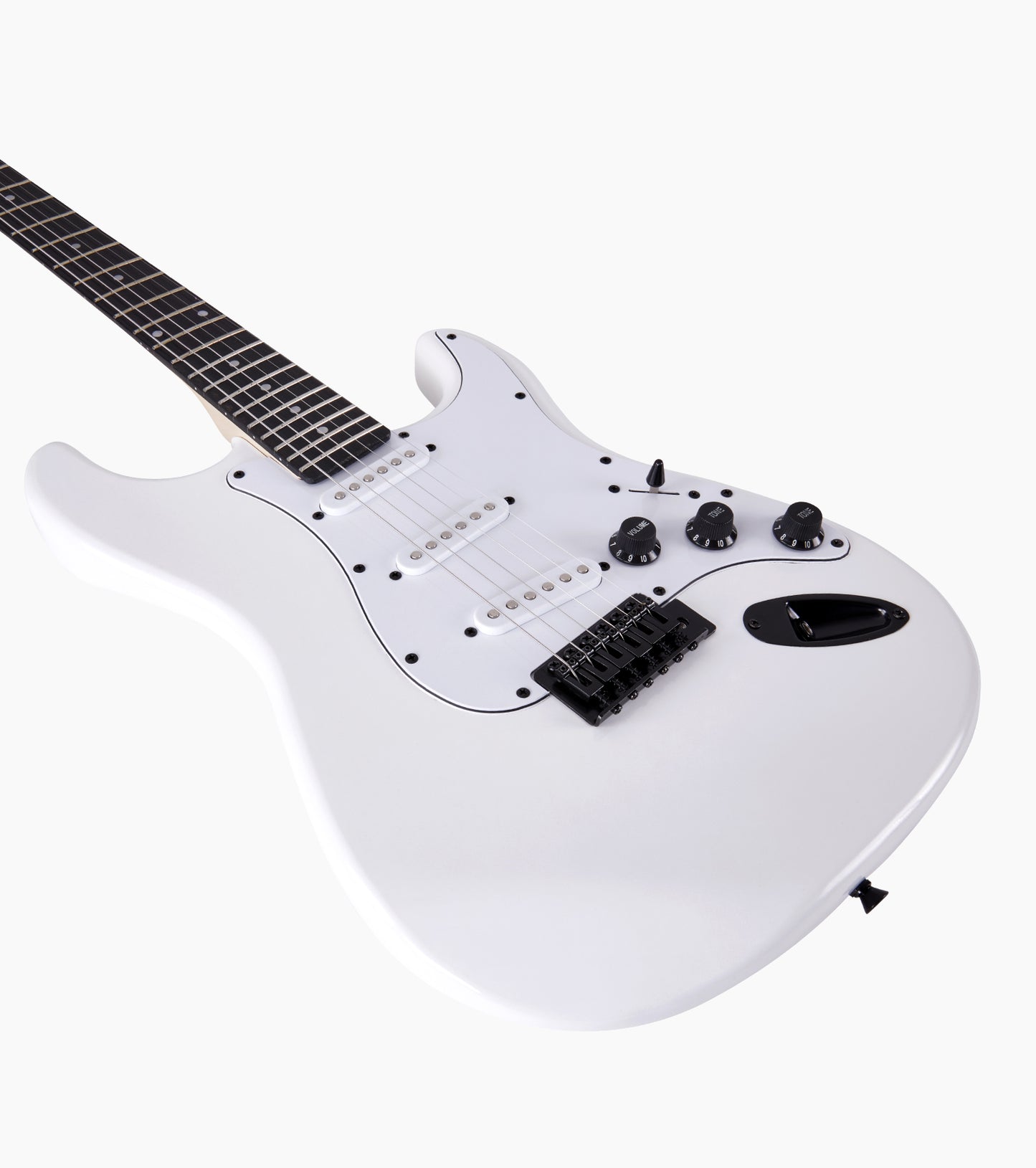 close-up of White double-cutaway beginner electric guitar