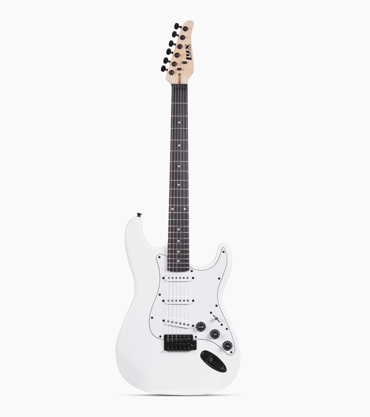 White double-cutaway beginner electric guitar