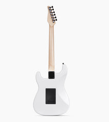 back of White double-cutaway beginner electric guitar