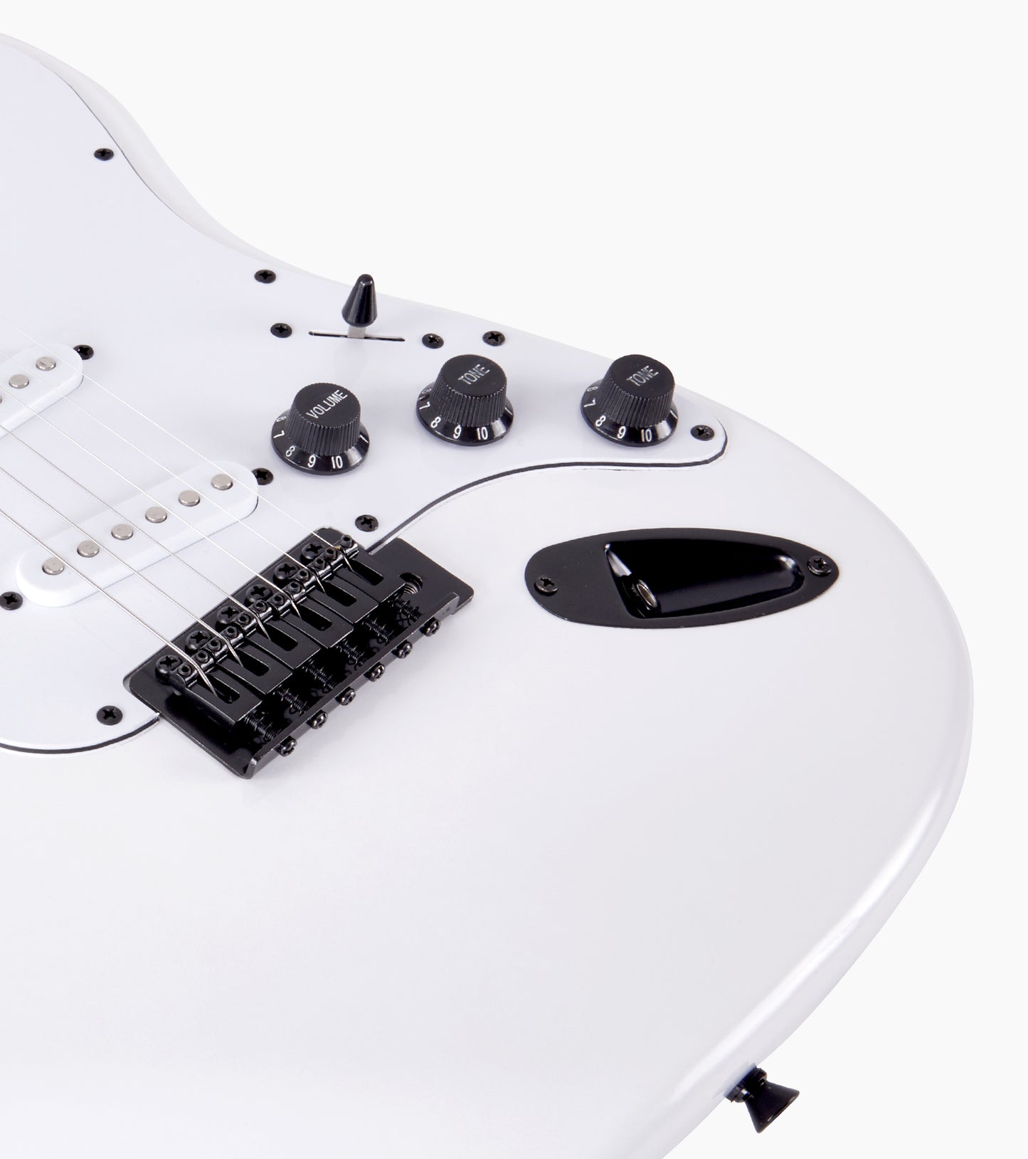 close-up of White double-cutaway beginner electric guitar