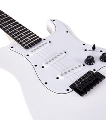 close-up of White double-cutaway beginner electric guitar