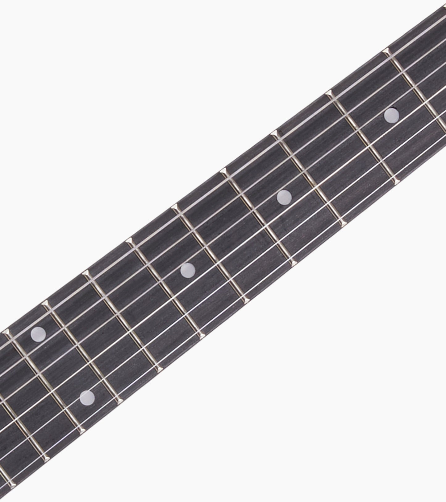 close-up of Left Handed Blue double-cutaway beginner electric guitar fretboard