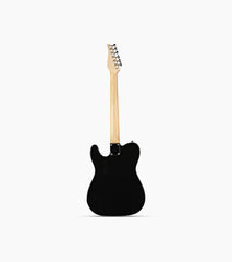 back of a black single-cutaway electric guitar 