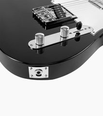 close-up of a black single-cutaway electric guitar audio port 
