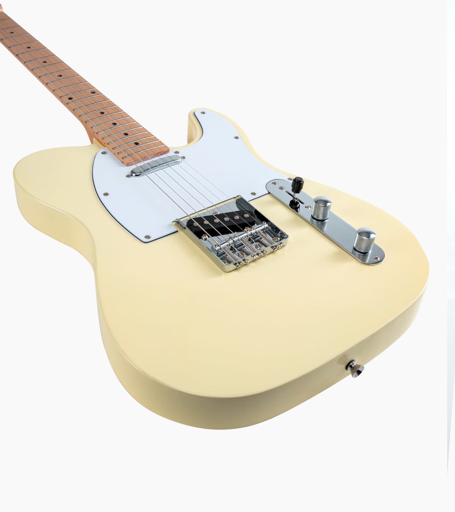 close-up of a Cream White single-cutaway electric guitar
