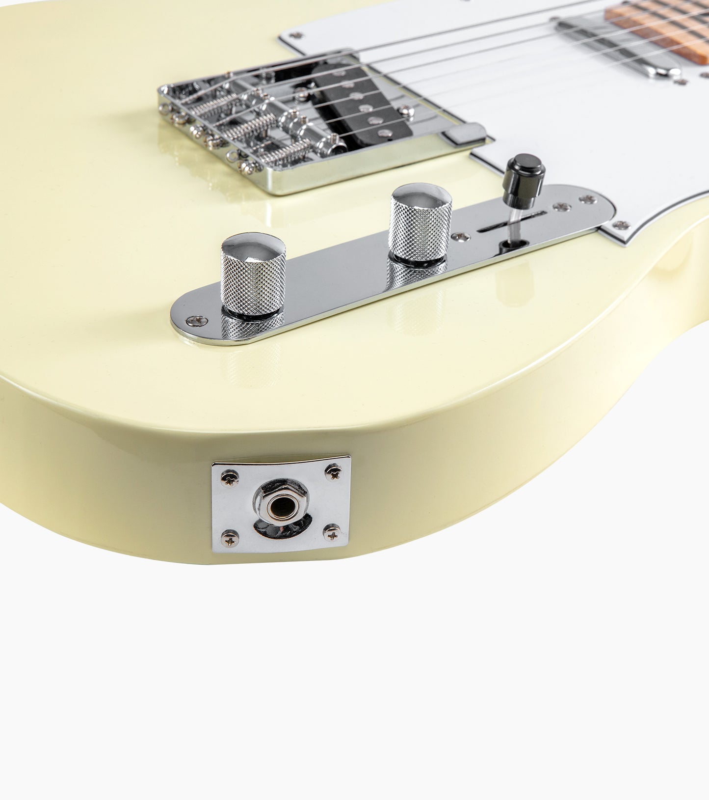 close-up of a Cream White single-cutaway electric guitar audio port
