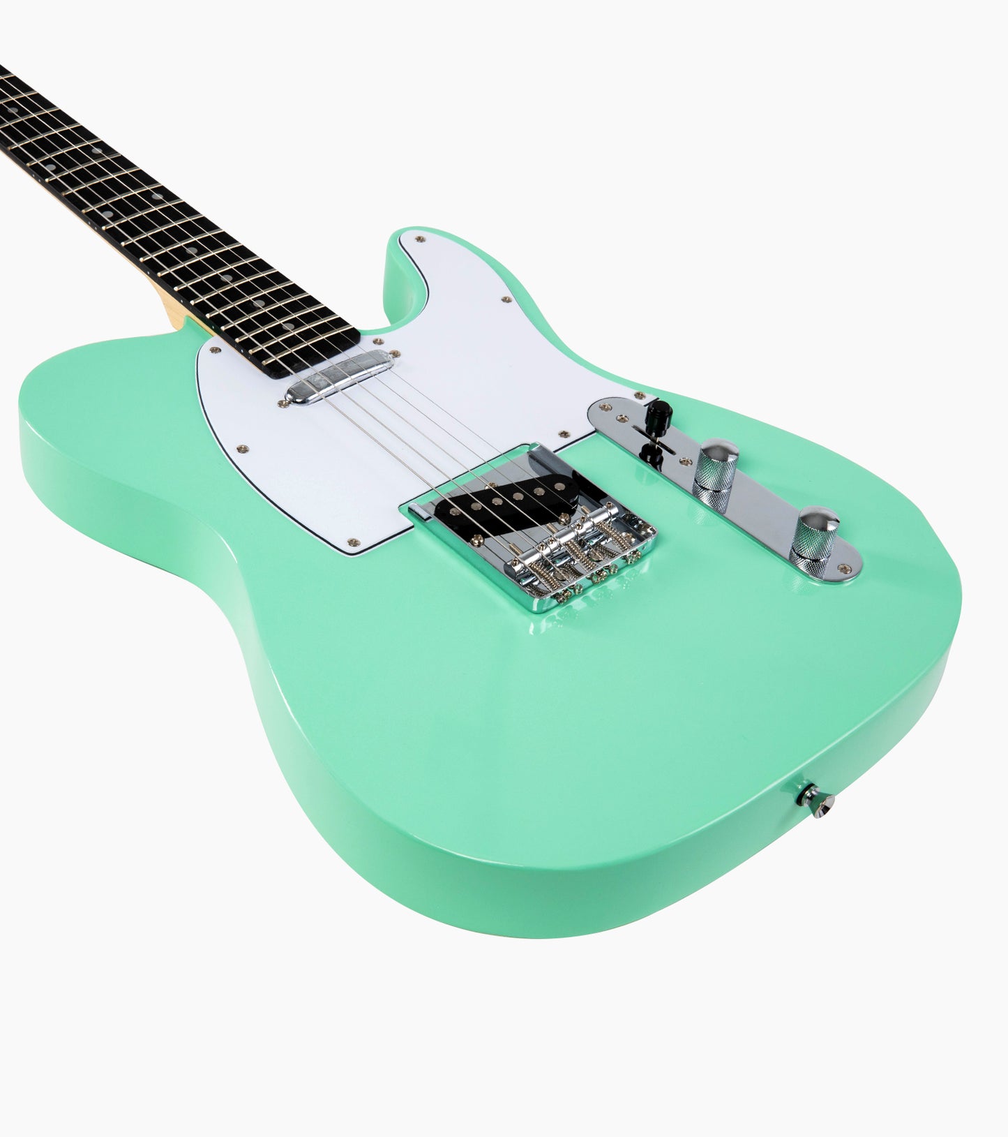 close-up of a Green single-cutaway electric guitar