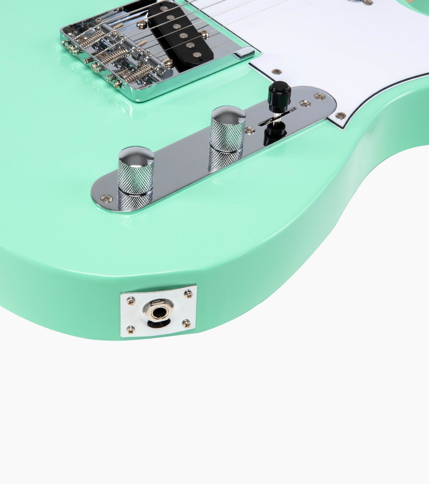 close-up of a Green single-cutaway electric guitar audio port