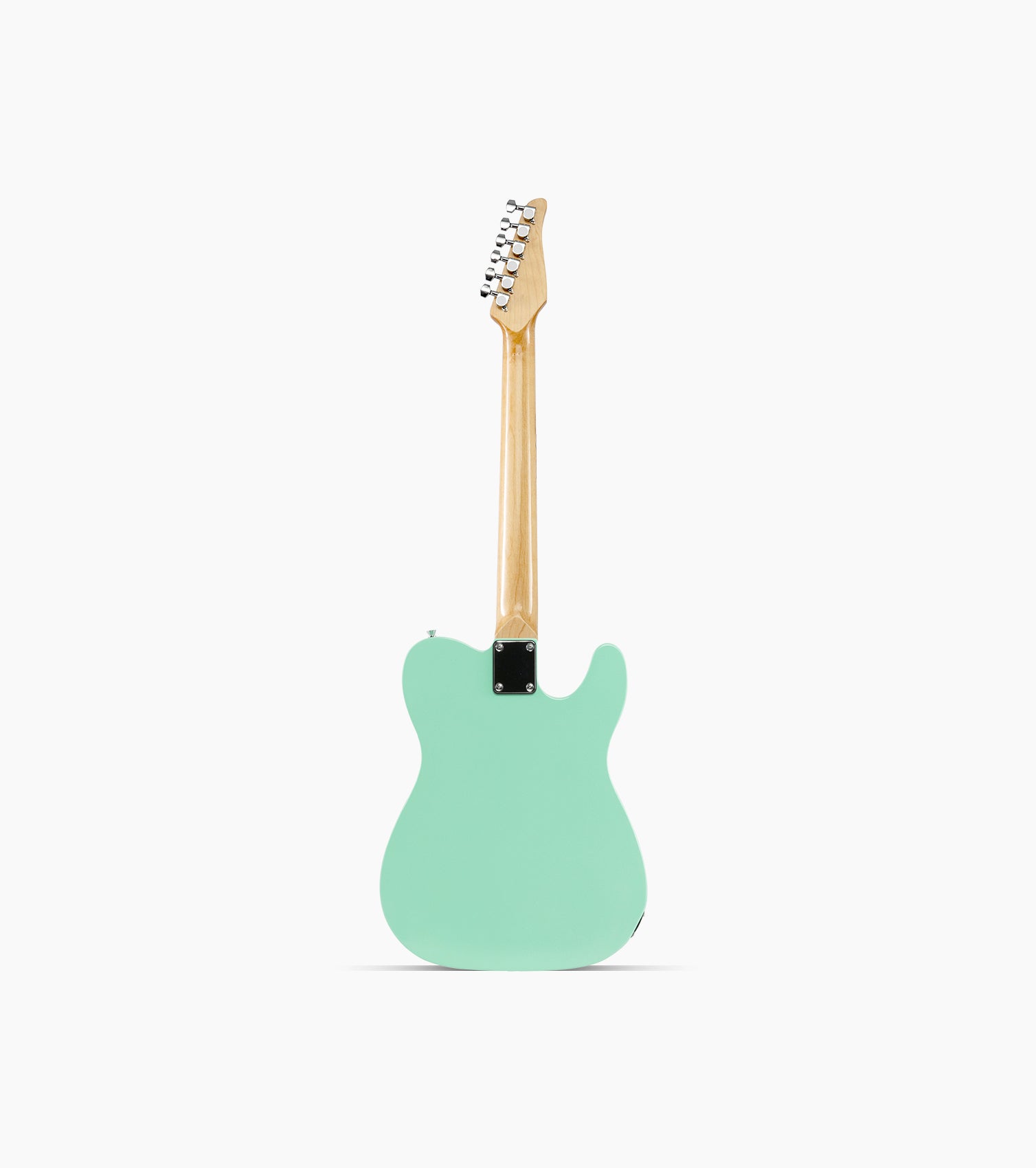 back of a Green Left Handed single-cutaway electric guitar