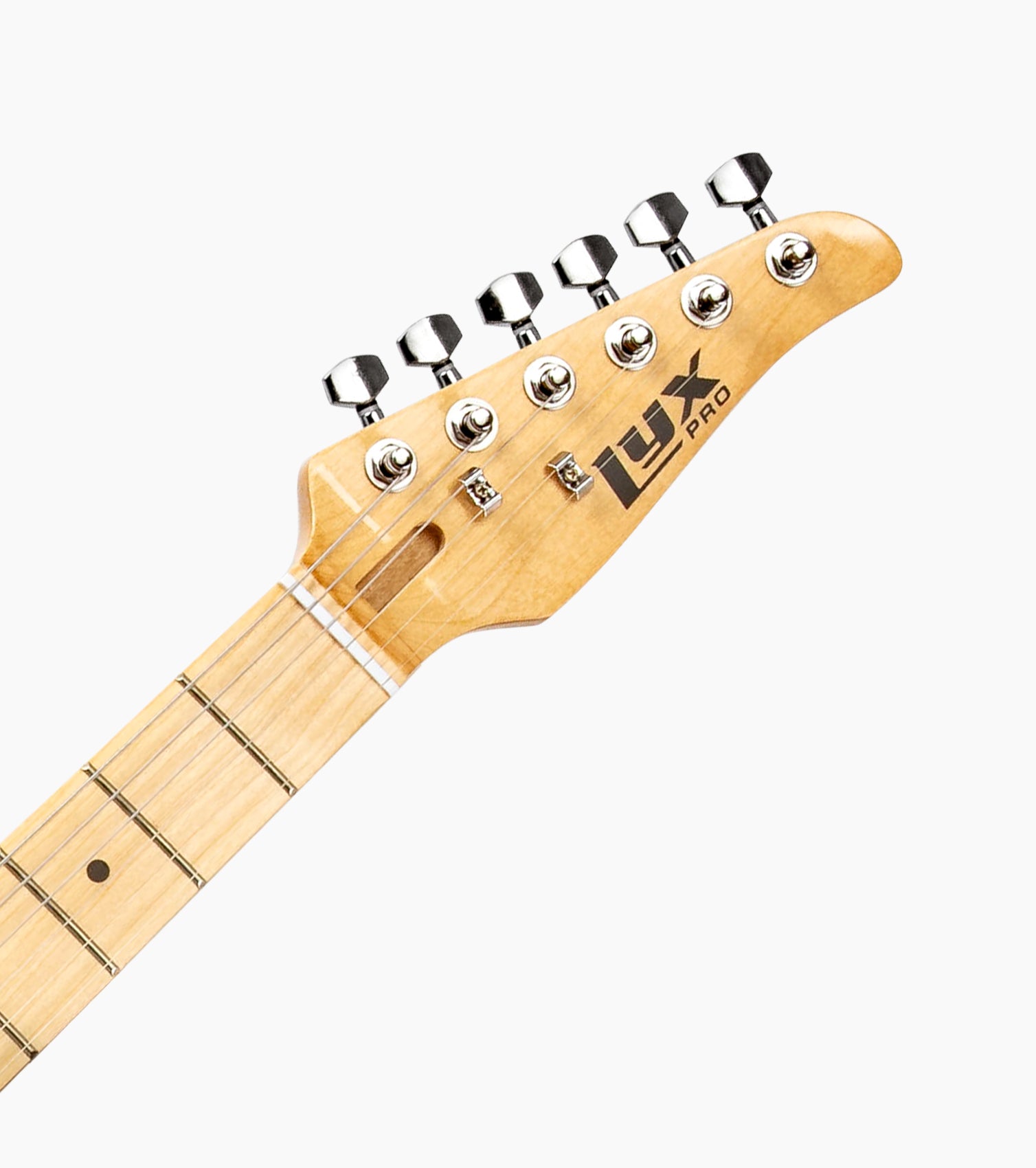 close-up of Mahogany single-cutaway electric guitar head