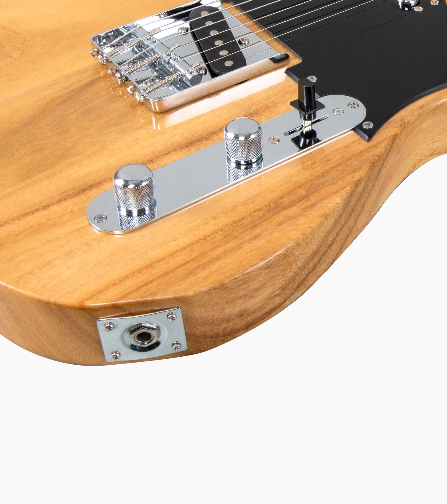 close-up of a Natural single-cutaway electric guitar audio port