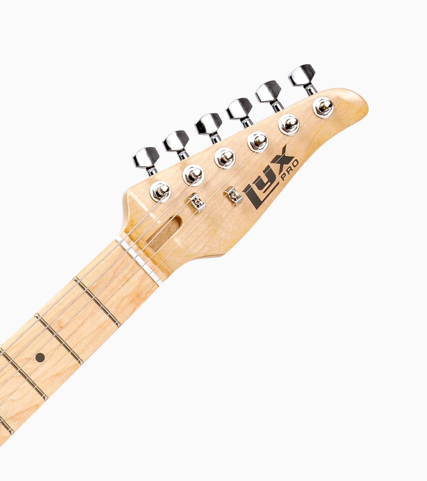 close-up of Natural single-cutaway electric guitar head