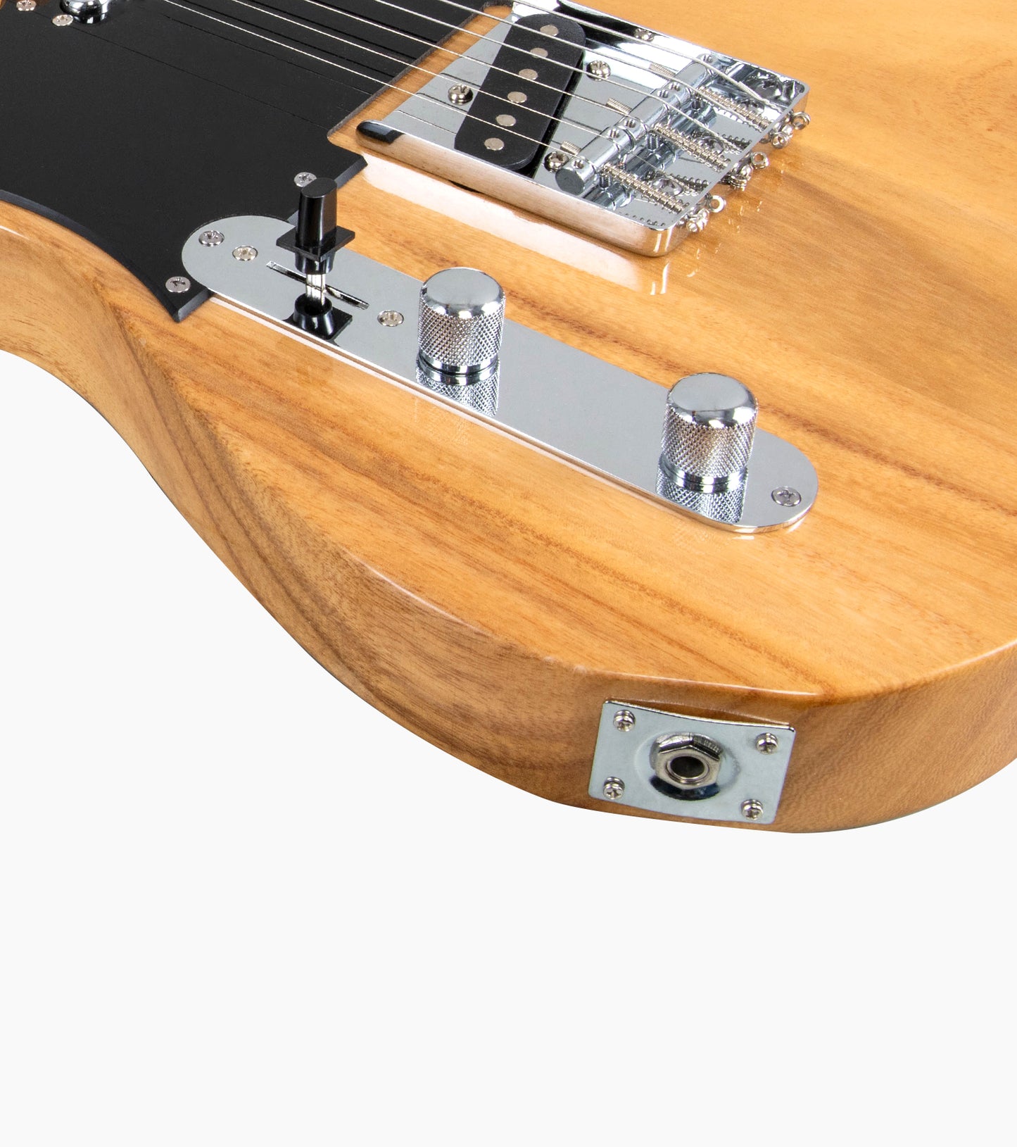 close-up of a Natural Left Handed single-cutaway electric guitar audio port