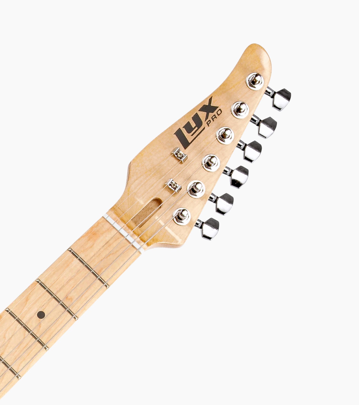 close-up of Natural Left Handed single-cutaway electric guitar head