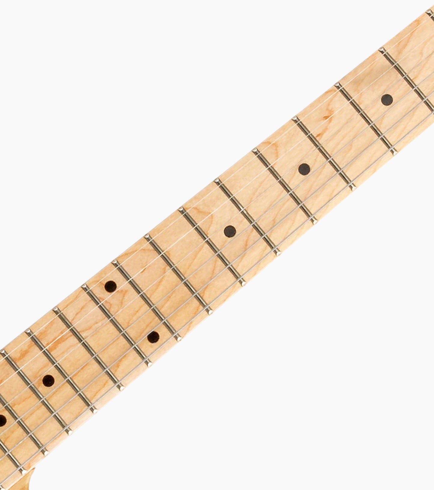 close-up of Natural Left Handed single-cutaway electric guitar fretboard