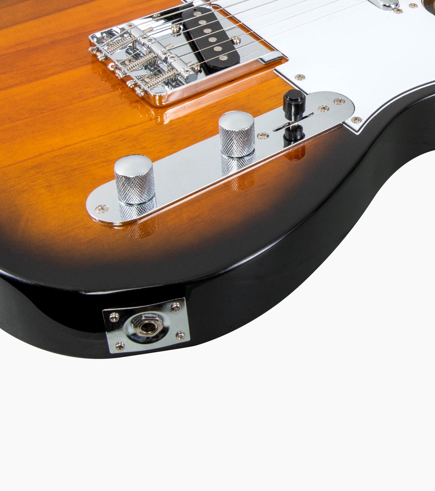 close-up of a Sunburst single-cutaway electric guitar audio port