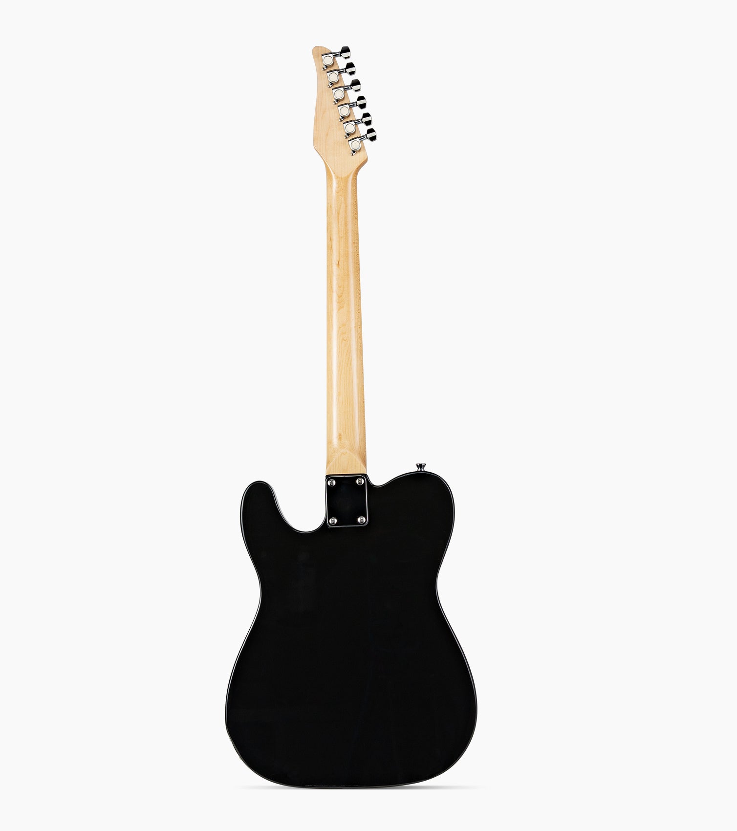 back of a black single-cutaway electric guitar 