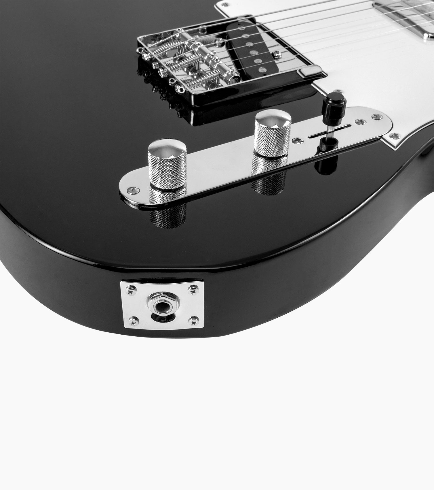 close-up of a black single-cutaway electric guitar audio port