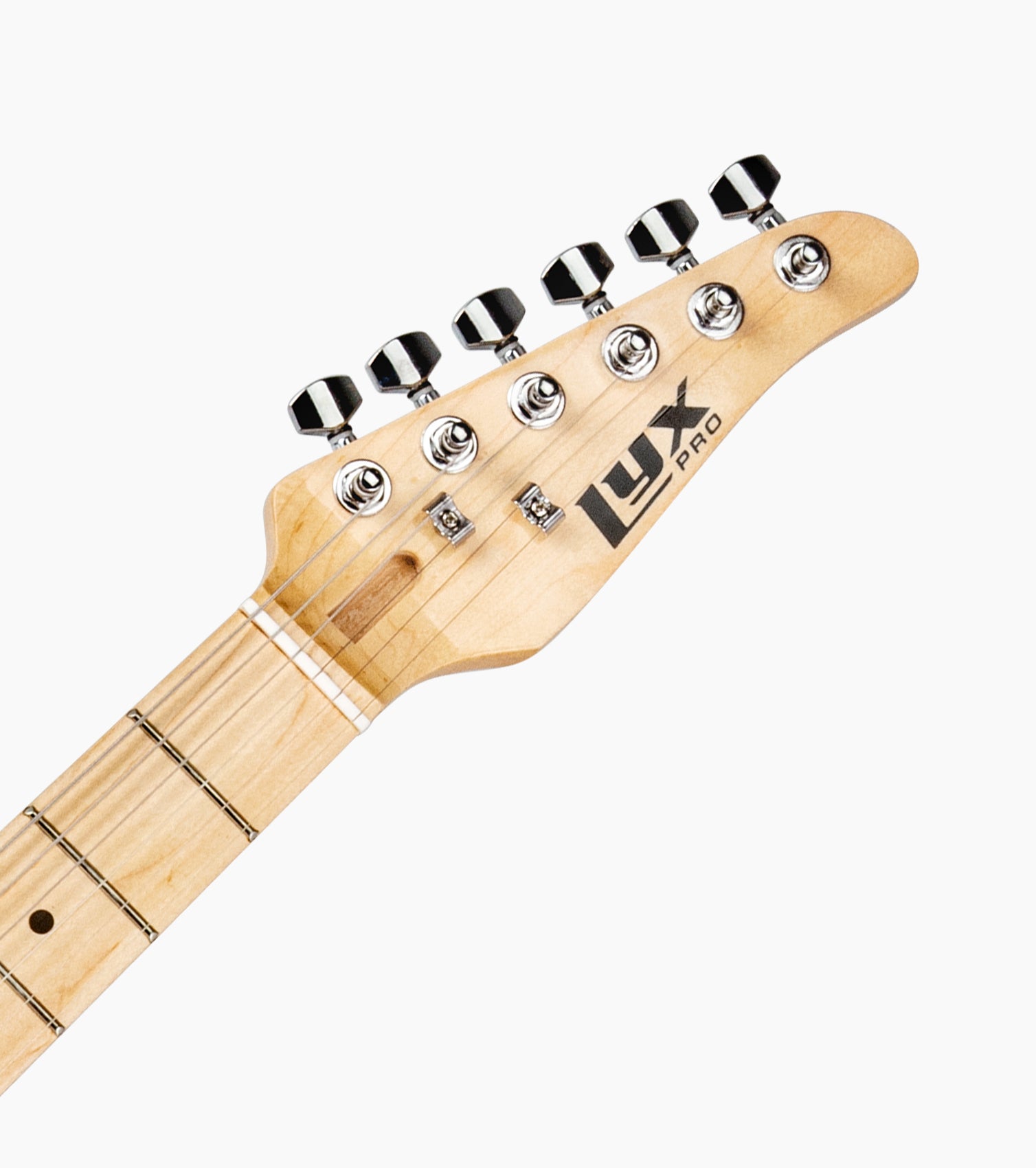 close-up of black single-cutaway electric guitar head 