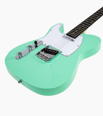 close-up of a Left Handed Green single-cutaway electric guitar