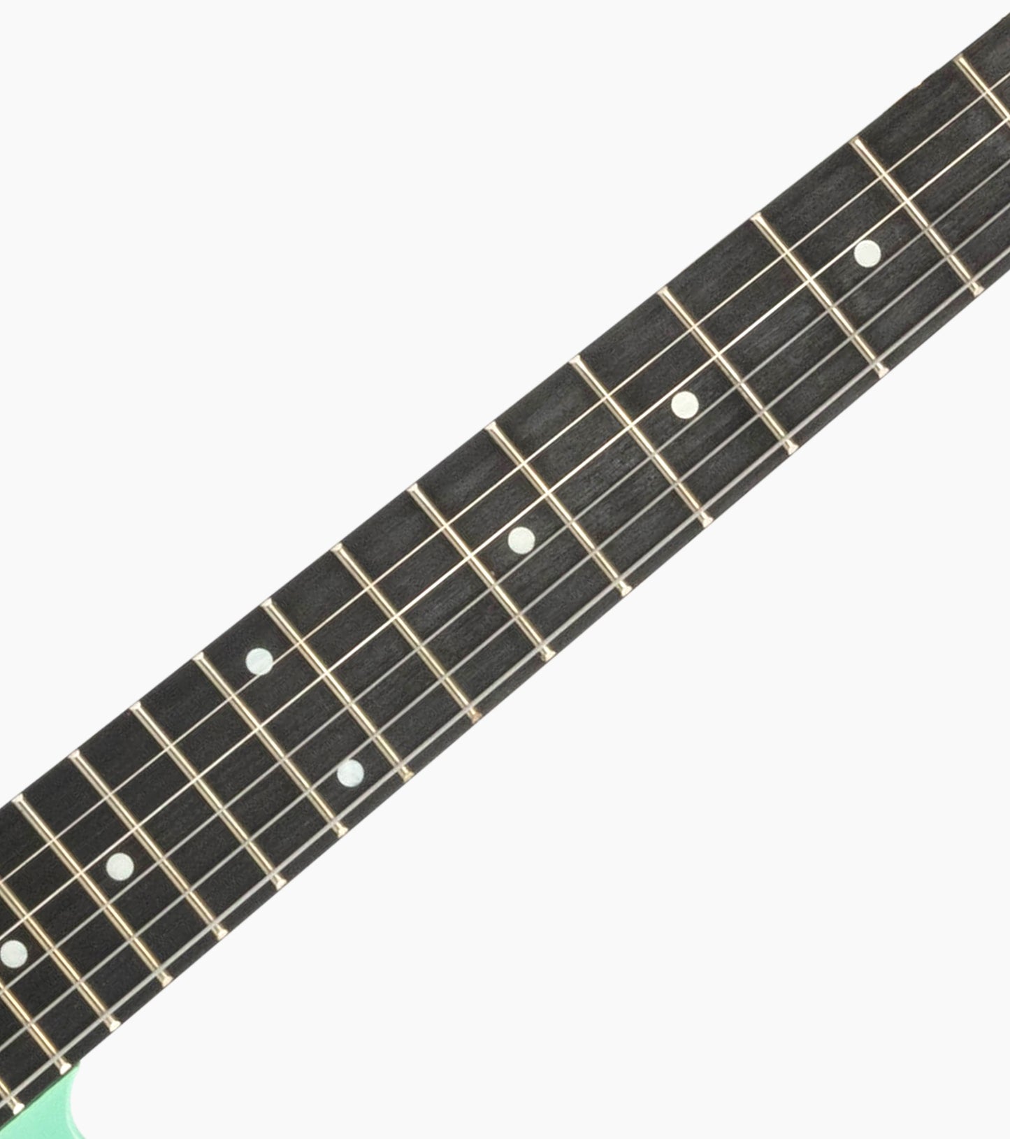 close-up of Left Handed Green single-cutaway electric guitar fretboard