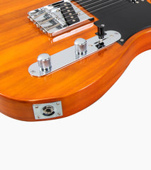 close-up of a Mahogany single-cutaway electric guitar audio port