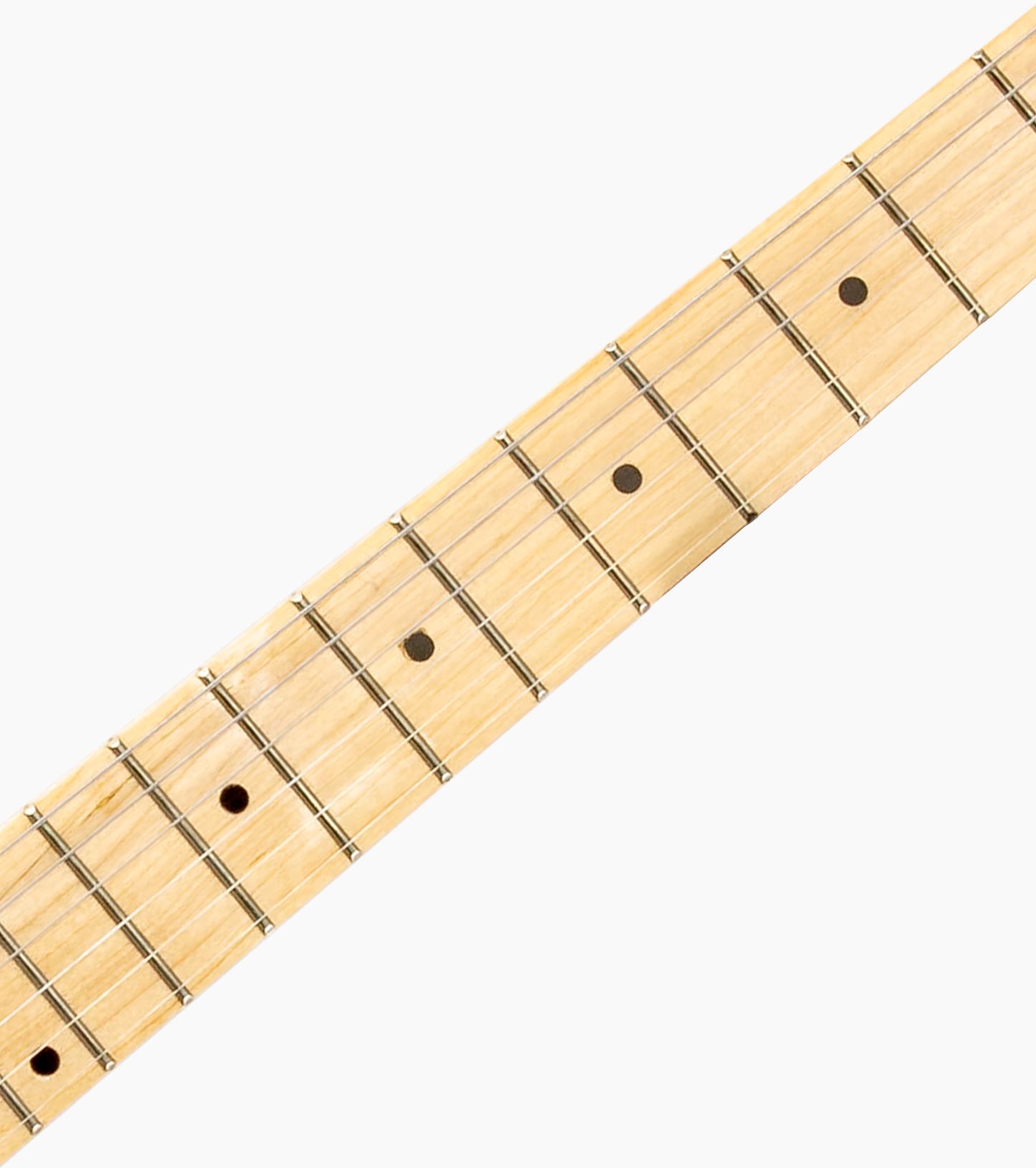 close-up of Mahogany single-cutaway electric guitar fretboard