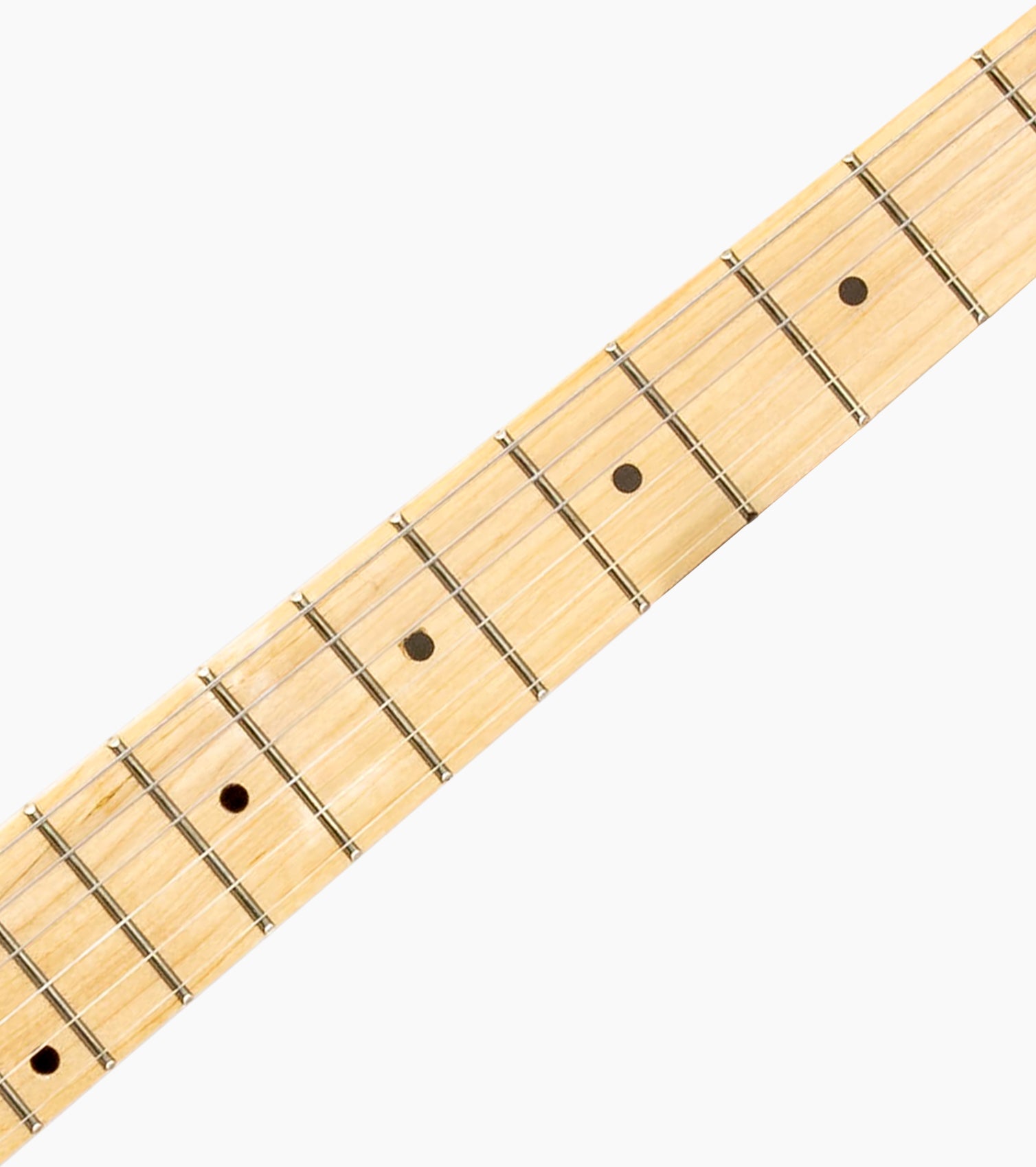 close-up of Mahogany single-cutaway electric guitar fretboard