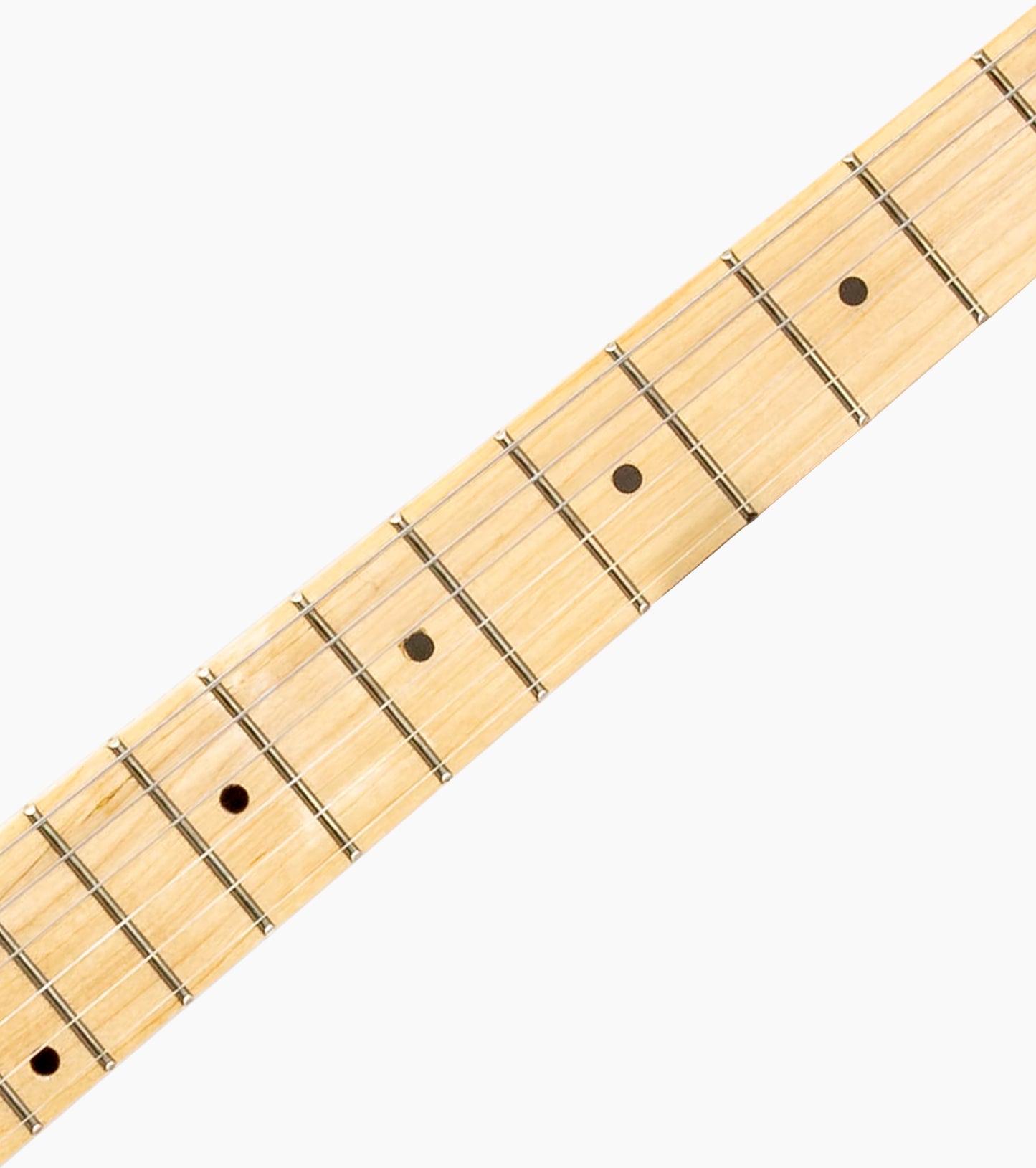 close-up of Mahogany single-cutaway electric guitar fretboard