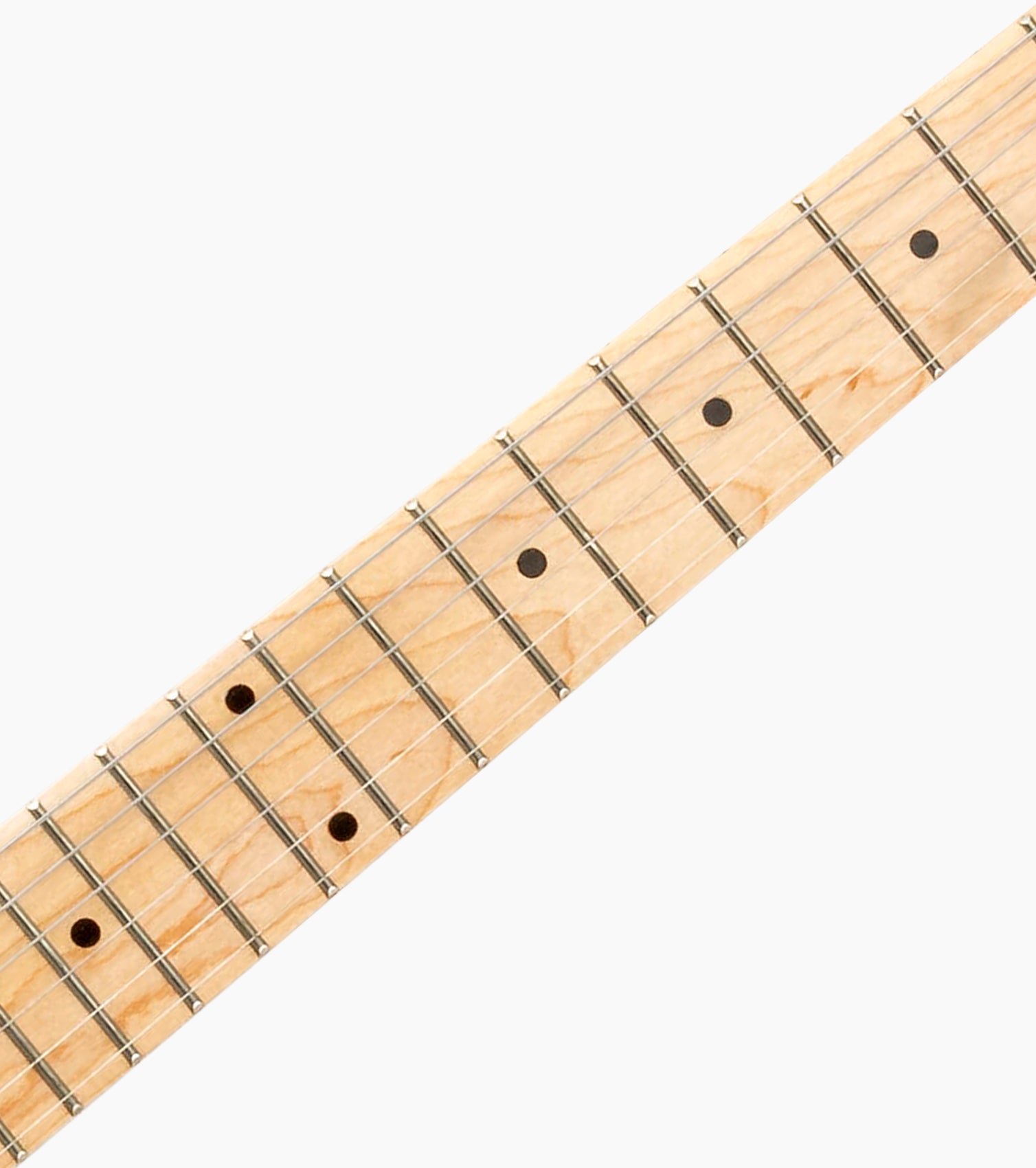 close-up of Natural single-cutaway electric guitar fretboard