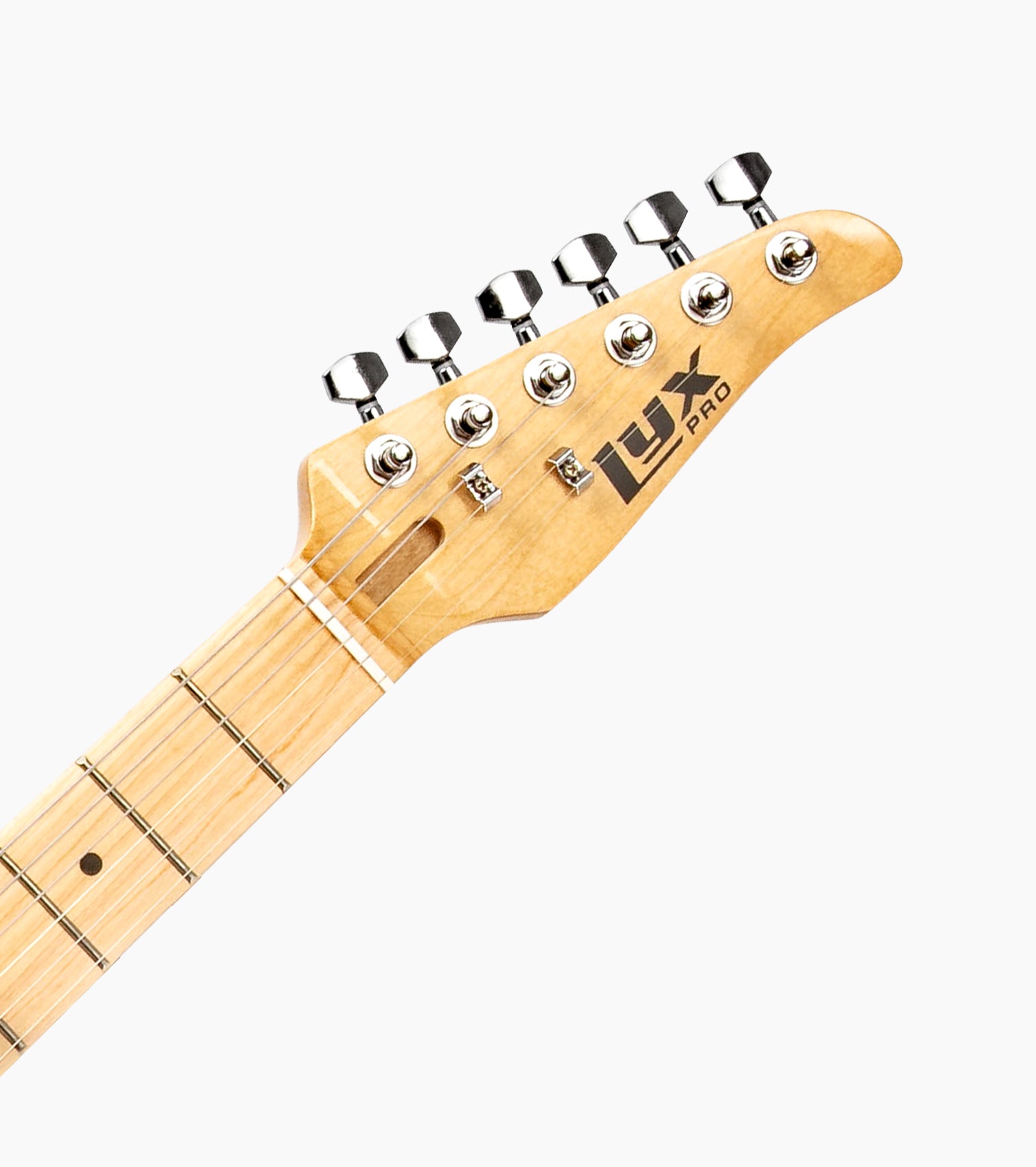 close-up of Sunburst single-cutaway electric guitar head