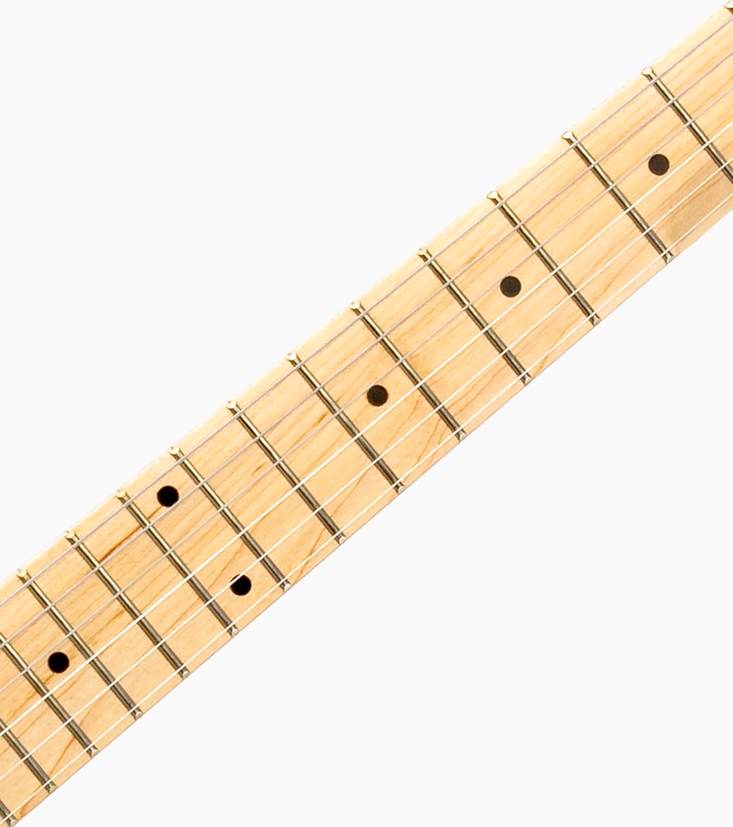 close-up of Sunburst single-cutaway electric guitar fretboard