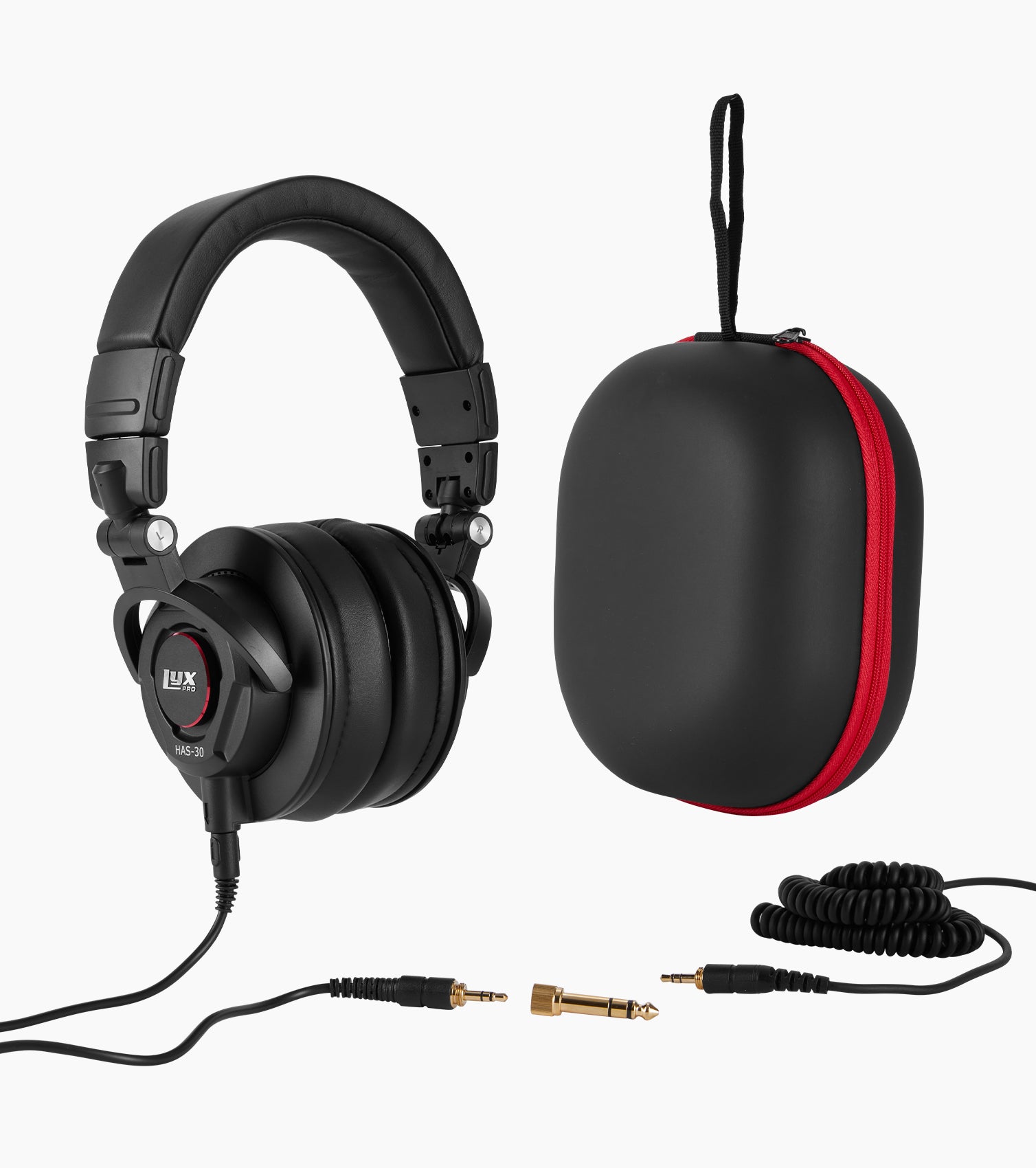 sound-isolating headphones alongside cable and carrying case