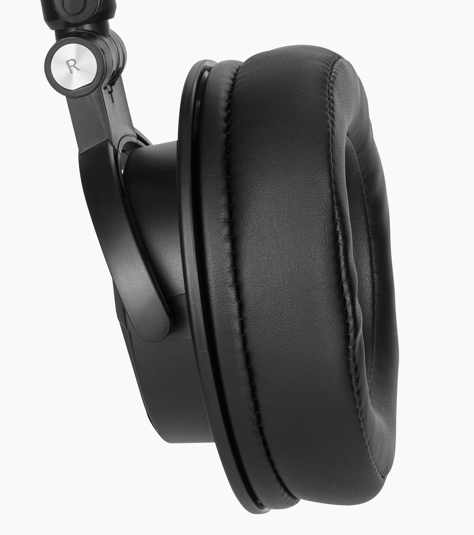 close-up of sound-isolating headphones ear pads 