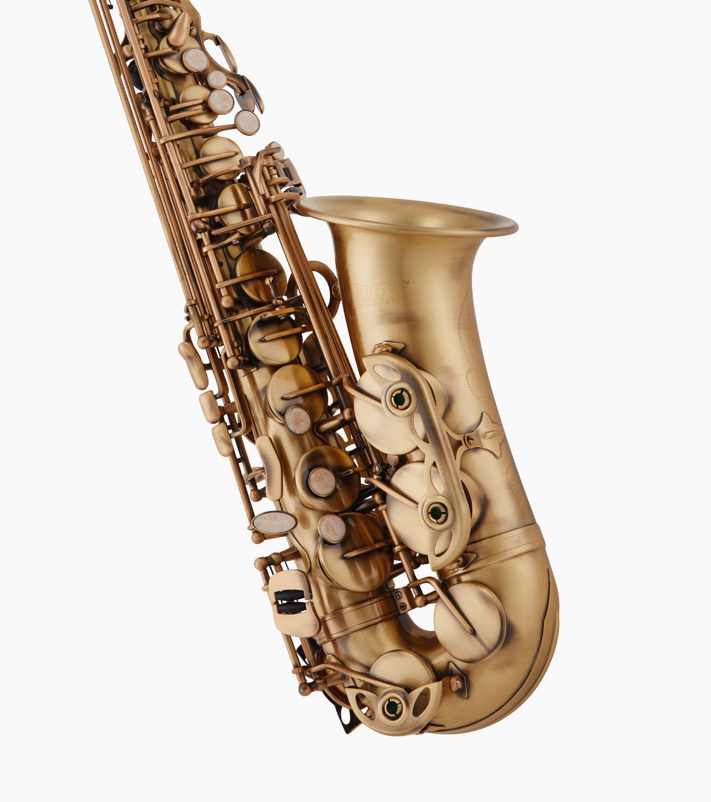 close-up of bronze e flat alto sax 