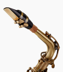 close-up of bronze e flat alto sax mouthpiece 