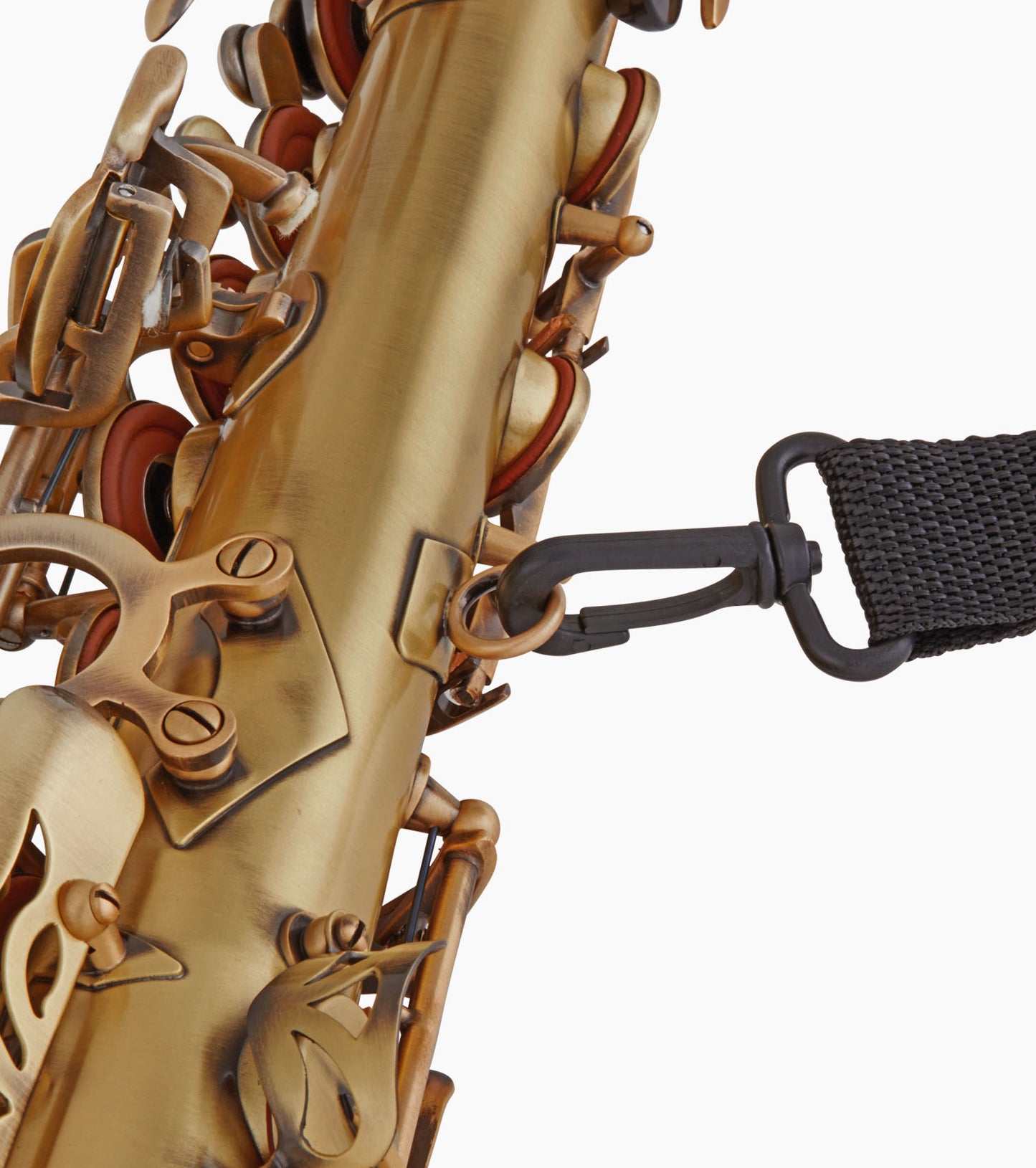 close-up of bronze e flat alto sax strap