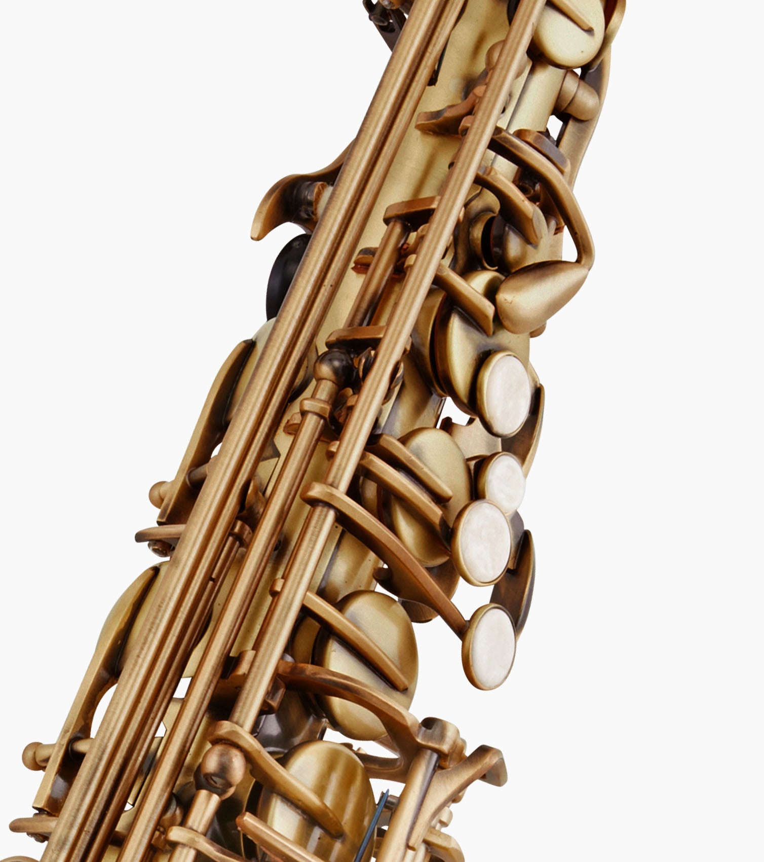close-up of bronze e flat alto sax mother-of-pearl inlays