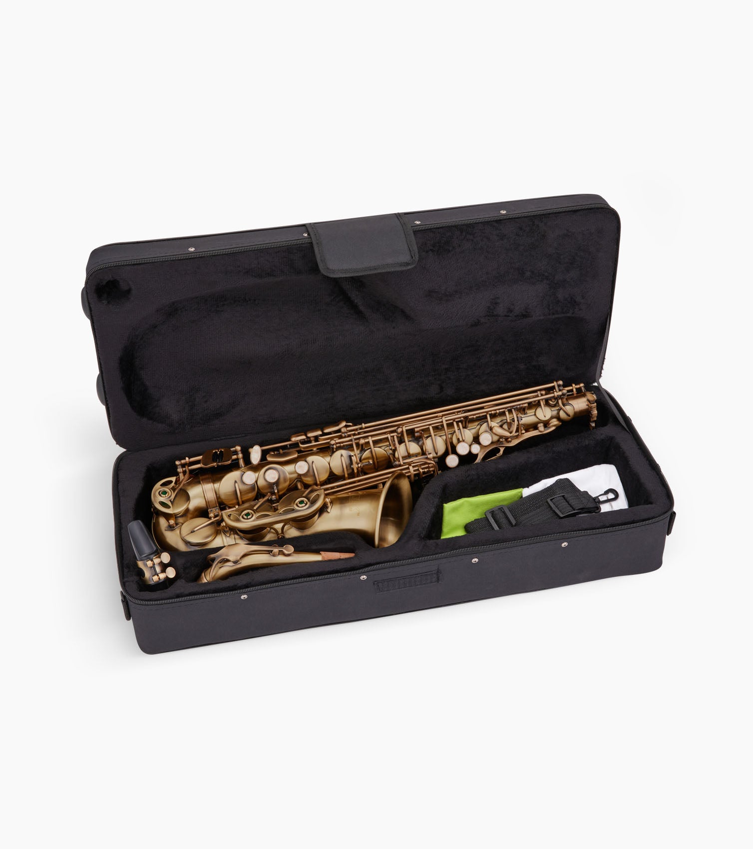 bronze e flat alto sax in an open case
